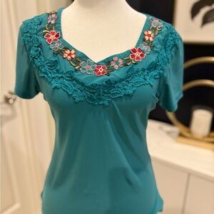 Teal Floral Embellished Women's Top Size S